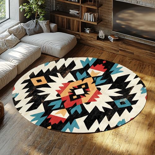 Tapis rond aztèque lavable 150cm géométrique rustique pour salon - 3