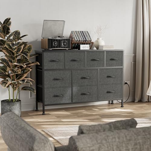 Lulive Grey Dresser for Bedroom 10 Drawer, Bedroom TV Stand with Power Outlet, Entertainment Center Chest of Drawers, Long Fabric Dresser for Living Room Save Space (Grey)