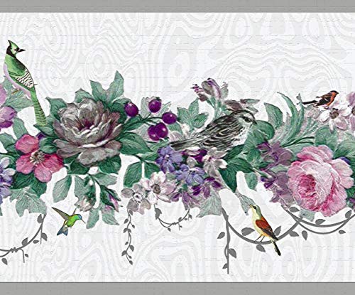 Dundee Deco DDAZBD9040 Frise de papier peint autocollant – Motif floral rose, fleurs violettes, oiseaux, design rétro, 4,57 m x 17,78 cm, autocollant