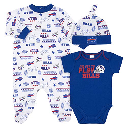 NFL Buffalo Bills 3 Pack Bodysuit Sleep n Play Footie Cap Registry Gift Set, Blue/White/red Buffalo Bills, 0-3M