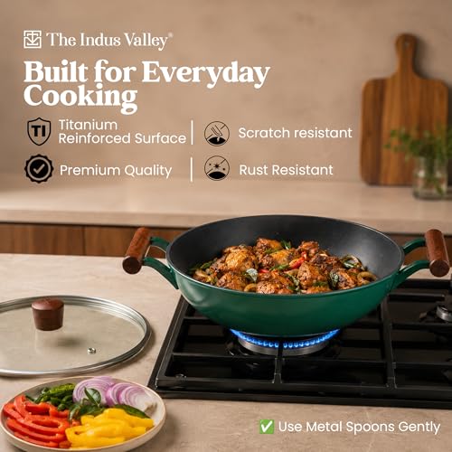 Image of The Indus Valley Titanium Reinforced Enamel Coated Cast Iron Kadai 2.3 litres | 3 Layer Cast Iron with Glass Lid | Wooden Handle | Naturally Non Stick | Induction Compatible | PTFE, PFOA & PFAS Free