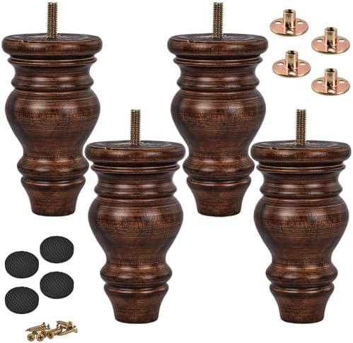 4 Inch / 10cm Solid Wood Furniture Legs, Btowin VCF 4Pcs Turned Glaze Round Wooden Bun Feet Mounting Plate Screws Sofa Couch Ottoman Cabinet Chair - View #3