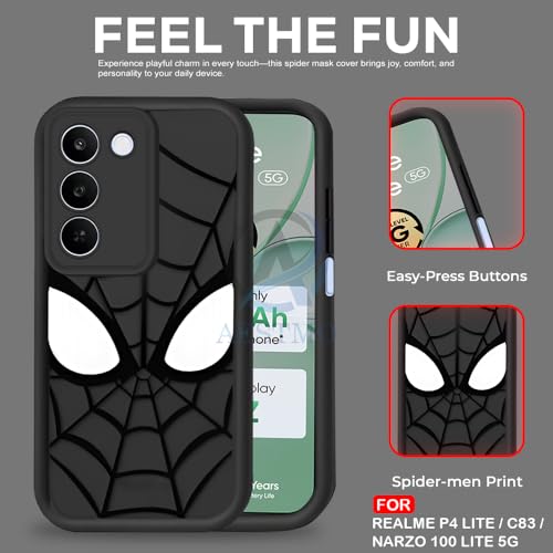 Image of AESTMO Back Case Cover for Realme P4 Lite 5G / C83 5G / Narzo 100 Lite 5G Cover | Spidey Face Mask Design | Silicone Case | Full Body Protection | Camera Protection Back Cover (Black)