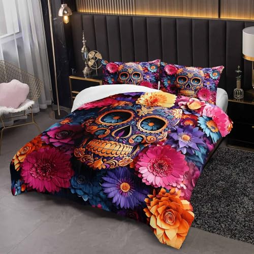 Image of Pink Sugar Skull King Size Comforter Set,Girls Colorful Floral Skull King Size Bedding Set,with 1 Comforter with 2 Pillow Case