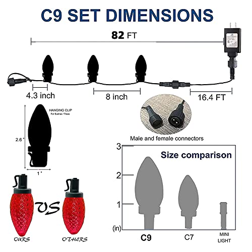 Dazzle Bright C9 Christmas String Lights, Waterproof Connectable Green Wire Fairy Lights, Christmas Lights for Indoor Outdoor Home Yard Xmas Tree House Decorations (Red, 100 LED)