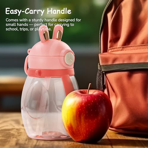 Image of Baybee Lovely Bunnies Kids Water Bottle 600ml | BPA Free & Leakproof Safe Sipper Bottle with Straw | Cute Rabbit Design Smooth Sipping with Handle & Neck Strap, Flip Lid for School Kids & Babys (Pink)