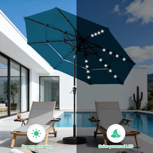 Image of JEAREY 3 Tiers Patio Umbrella with Solar Lights 9ft Outdoor Market Table Umbrellas with Push Button Tilt for Outside Pool Garden, Lake Blue