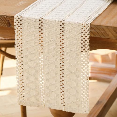 Jayusaror Tischläufer Beige Boho Makramee Modern Frühling Bauernhaus Klein Tischdecke Schmal Landhausstil Rustikaler Tisch Läufer Baumwolle Leinen Table Runner für Hochzeit Party Deko 30x120 cm