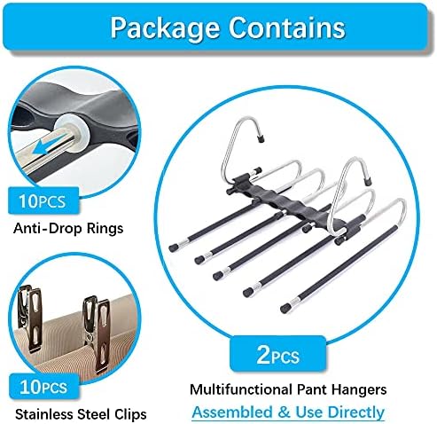 Magic Pants Hangers 공간 절약 - 옷장용 2팩 다중 레이어 다기능 용도 바지 스카프 슬랙용 랙 오거나이저 (금속 클립 10개 포함 2팩) — 사진 4