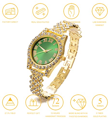 Image of Halukakah Diamonds Gold Watch Iced Out, Kid's 18K Real Gold /Platinum White Gold Plated 36MM Width Green /Blue /Red Dial Quartz Wristband 8 inch with Cuban Link Chain 7 inch+16 inch Bracelet, Free Giftbox