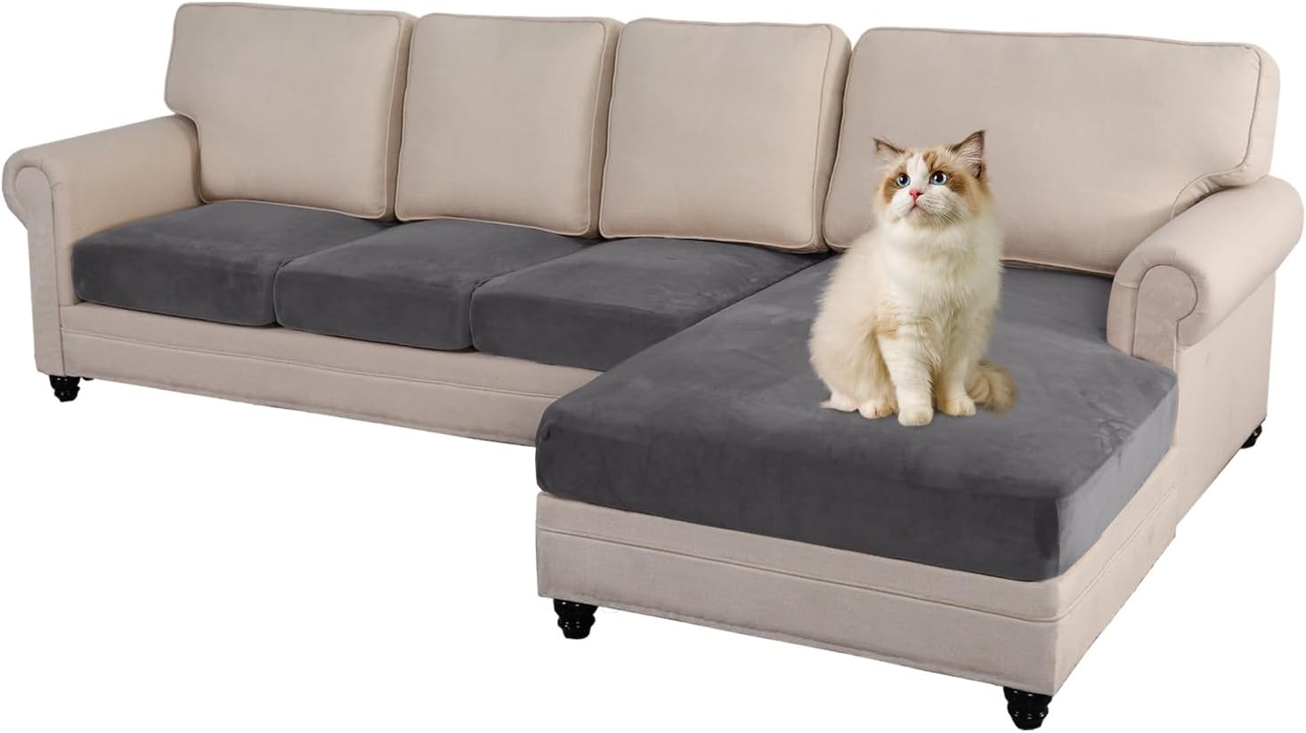 MINGPINHUIUS 4 Pieces Sectional Sofa Cover Brown Separate Couch Seat Covers Magic Stretch Anti-Slip Furniture Protector for Sectional Sofa Left/Right L Shape Chaise
