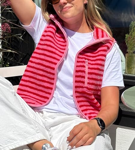 Colorful world Striped Fleece Vest Women High Neck Zip Up Sleeveless Teddy Sherpa Vest with Chest Pocket2