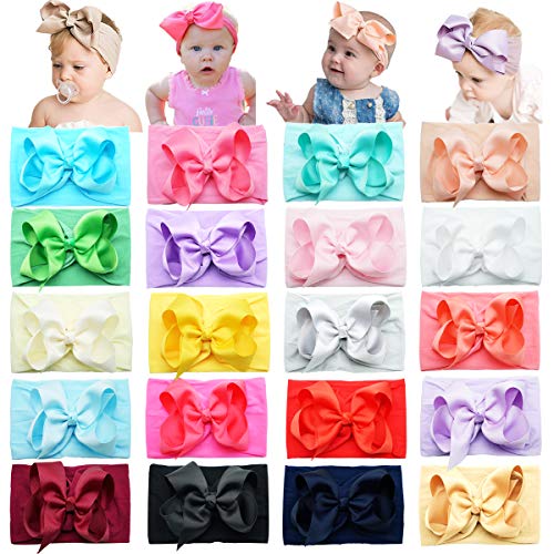 20 Colors Baby Girls Nylon Headbands With Bows 4.5 inches Grosgrain Ribbon Bows Soft Elastic Hairbands for Infants Toddlers Newborns