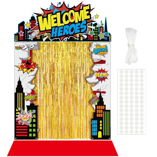 VitalCozy 7 pcs Hero Party Decorations Hero Party Porch Banners Gold Foil Fringe Backdrop Curtains for Birthday Halloween Photo Background Door Entryway Decor
