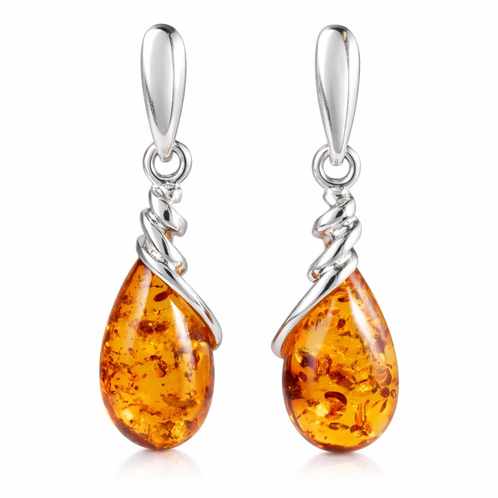 Genuine Baltic Honey Amber Eleanor Drop Earrings for Women – 925 Sterling Silver Teardrop Post Back Earrings, Natural Amber Jewelry with Certificate