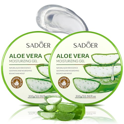2x300ml Organic Aloe Vera Gel,Natural Moisturising Cream for Sunburn Repair, Dry Skin, Sensitive Skin - for Face and Body，Aloe Vera Moisturiser After Sun