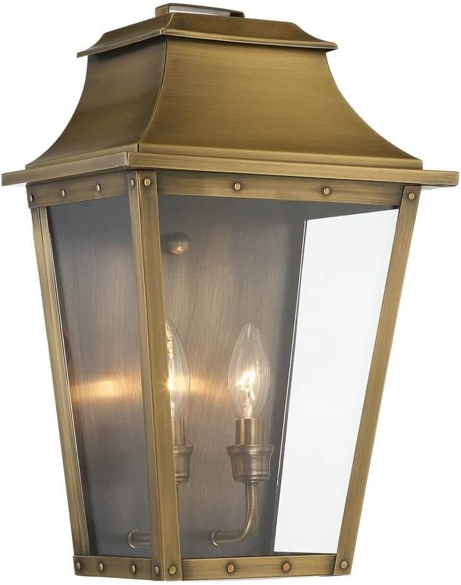 Acclaim Lighting 8424AB | Vintage Solid Brass Two Light Dimmable Wall Mounted Outdoor Wet Rated Lantern with Clear Glass | Hand Crafted Classic Colonial America Design (Aged Brass - Style Six)