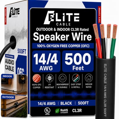 Elite 14/4 Speaker Wire 14AWG/4-Conductor UL Listed CMR/CL3R (Riser/in-Wall & Outdoor/In-Ground (Direct Burial)- 100% Oxygen Free Pure Bare Copper (OFC) 500ft Bulk Cable (105 Strands) Black