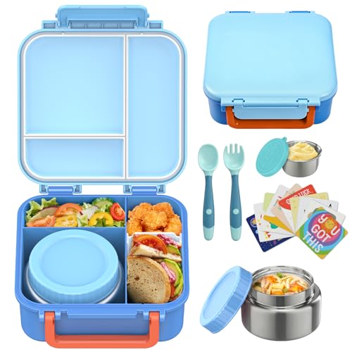 Image of Kids Bento Lunch Box with 9oz Soup Thermo Leakproof Lunch Food Containers 4 Compartment with Insulated Hot Food Jar for Kid Toddler Girls Boys to School, Trvael