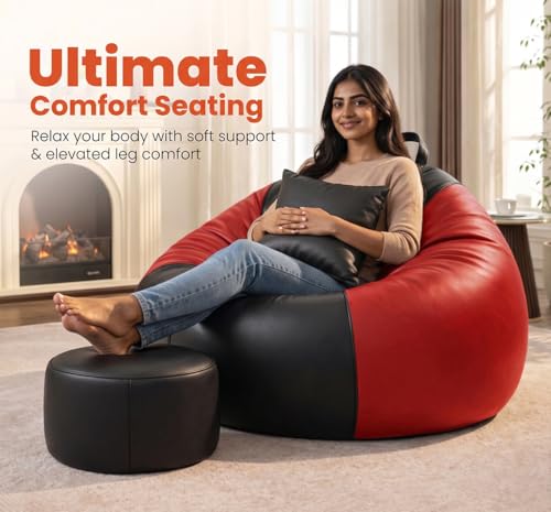 Image of Sattva Classic 4XL Bean Bag Chair with Beans Filled | Faux Leather Sofa Style Bin Bags with Footstool & Cushion | Comfortable Beans Bag for Adults, Teens, Home & Office Seating (Black & Red)