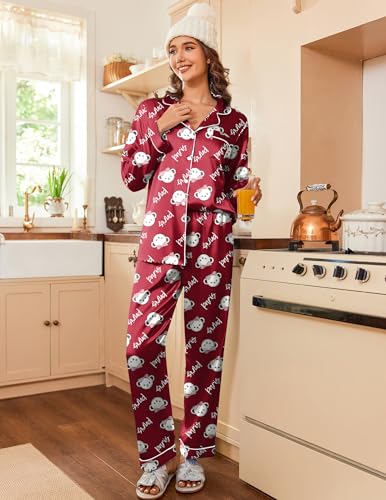 Image of Ekouaer Womens Satin Pajama Set Classic Pattern Silky Pj Sets Button Down Sleepwear Loungewear