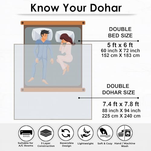 Image of Story@Home Dohar Double Bed Cotton 100% | 150GSM 225 x 240 cm Quilt AC Blanket for Summer | AC Comforter Double Bed | Beige & White, Floral & Geometric Reversible Design Duvet | All-Season Blanket
