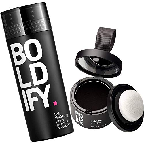 Hair Fiber (Black) + Hairline Powder (Black): Boldify Build & Conceal Bundle - Undetectable Hair Thickener for Fine Hair, Instant Stain-Proof Root Touchup Powder, For Men & Women