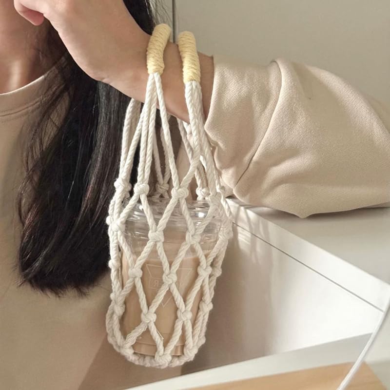 Porta-garrafas de água de macramê, bolsa leve para garrafa de água, bolsa de suporte de malha dobrável para viagens, pesca, caça, caminhadas, atividades ao ar livre, branca