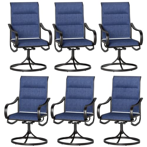 Image of PHI VILLA Swivel Patio Dining Chairs Set of 6, Padded Textilene Mesh, Blue | High back ergonomic backrest with padded seat. All-weather black E-coated metal frame for patio, outdoor, deck, lawn, garden