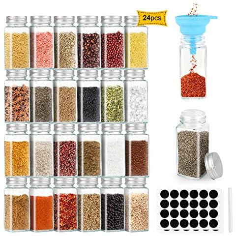 MXTIMWNA Spice Jars 24 Sets, 120 ml Spice Jars with 24 Shaker Attachments, Spice Jars with 48 Empty Labels, 1 Chalk Pen, 1 Funnel Cover