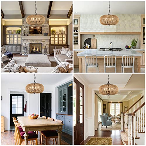 Farmhouse Rattan Pendant Lights, 15.7" 4-Light Boho Chandelier Light Fixture, Wicker Hand Woven Basket Pendant Hanging for Dining Room Living Room Kitchen Island Bedroom Foyer, Height Adjustable - Image 7
