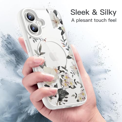 Image of VONZEE Back Cover Case Compatible with iPhone 17, Luxury Retro Flowers Floral Clear for Magnetic Wireless Charging Case Shockproof PC+TPU Cute Glossy Shiny Cover for Girls Women, 6.3'' White