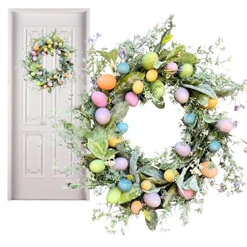 Nybhyjka Coronas de Pascua de 45 cm para puerta delantera, corona de huevo de Pascua, corona artificial para colgar en la puerta delantera, colgar en la pared, corona de primavera con huevos para