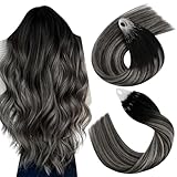Easyouth Micro Link Hair Extensions Human Hair Ombre Micro Beads Hair Extensions Human Hair Natural Black Fading to Grey Silver Micro Loop Human Hair Extensions Invisible 16 inch 50g/50s