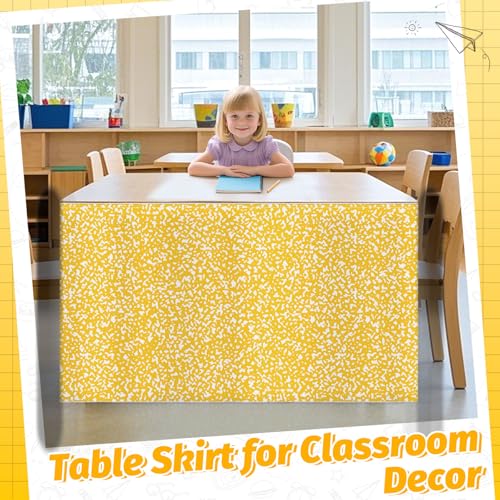 Image of 9FT Yellow and White Composition Table Skirt Teacher Desk Skirt for Composition Notebook Classroom Decor Rectangle Table Cover for Back to School Party Supplies Kindergarten Office Bookcase Cabinet