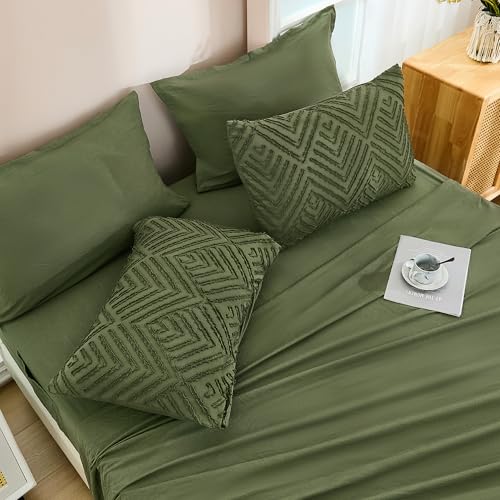 Image of Andency Super King Plus Comforter Set Olive Green - 7 Piece Bed in a Bag Oversized King, Olive Green Boho Tufted Bedding Sets, Lightweight Fluffy Bed Set with Comforter, Sheets, Pillowcases & Shams