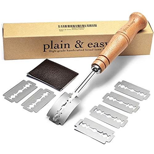 PLAIN & EASY Bread Lame - Scoring Knife with 7 Stainless Steel Razor Sharp Blades Set & Protector Cover - Bakers Tool, Dough Slashing Cutter - Sourdough Scorer with Handcrafted Beech Wood Handle
