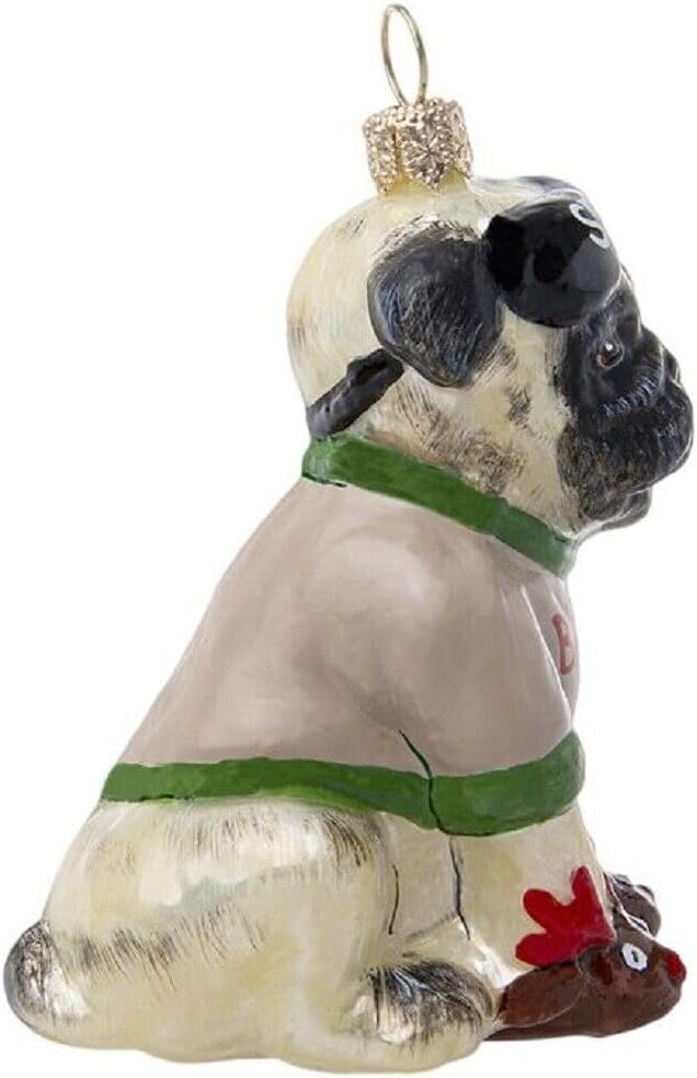 Joy To The World Bah Hum Pug Fawn Dog Polish Glass Christmas Tree Ornament