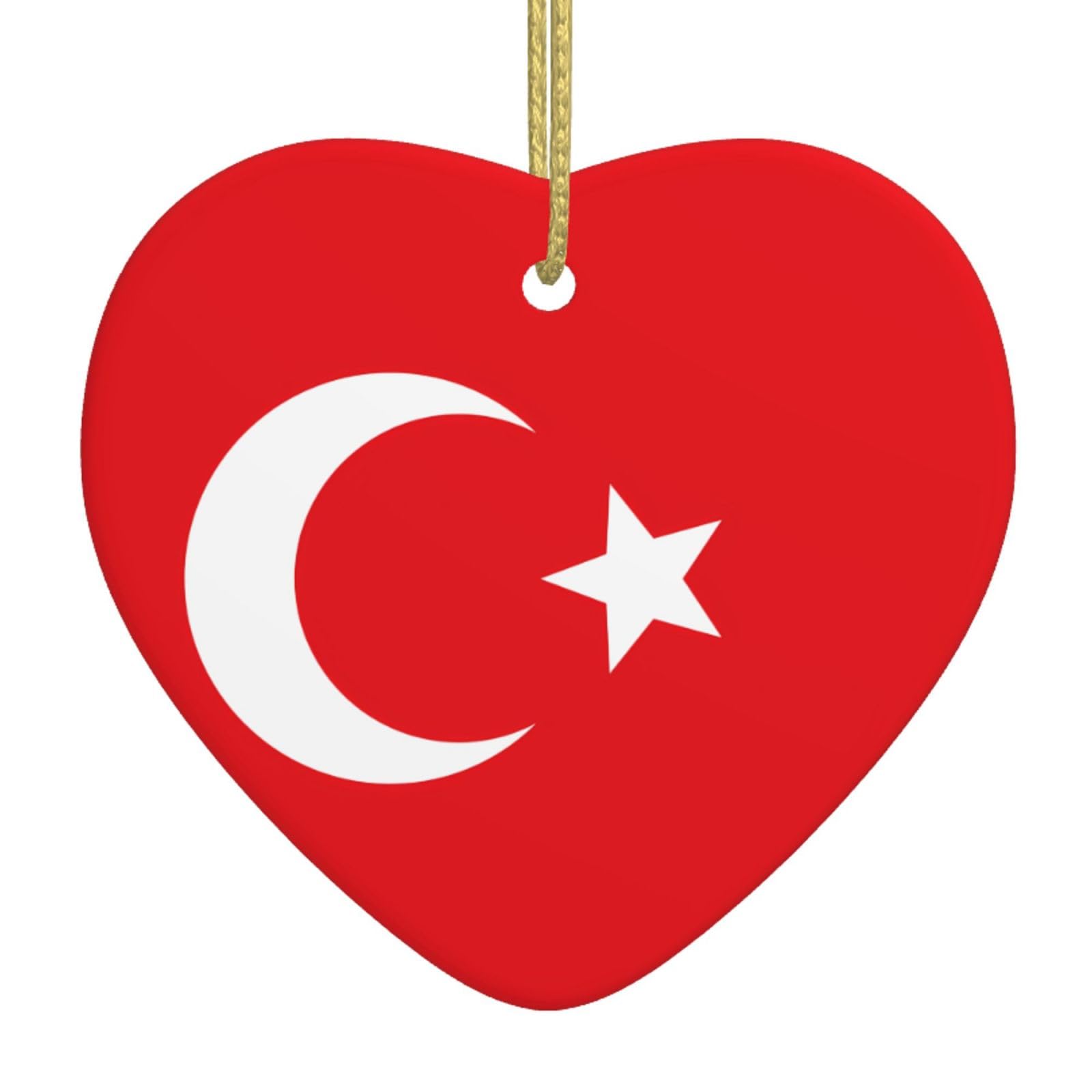 Flag of Turkey Ceramic Christmas Heart Pendant with Silk Thread, Christmas Tree Home Decoration