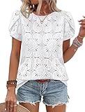 OFEEFAN Blouses for Women Dressy Casual Boho Short Sleeve Shirts Crochet Lace Spring Fashion Summer Outfits Travel Vacation Business Work Clothes White M