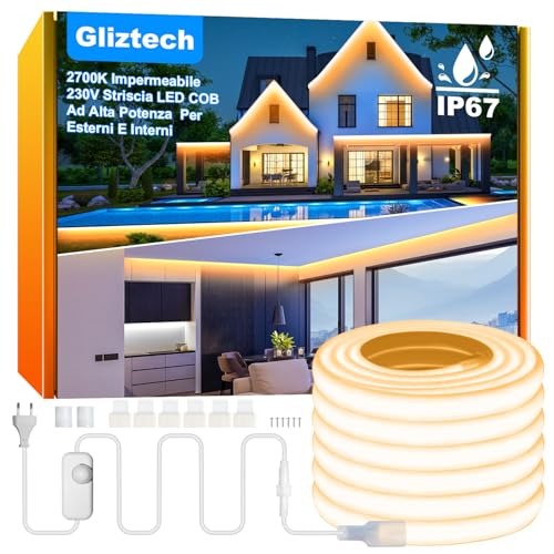 Striscia LED COB Esterno Impermeabile IP67 Spina Diretta, 20M Striscia Led 220V Luminosità per Esterni con Doppio Controller Fusibile, 2700K LED COB Bianca Calda per Commerciali da Giardino e Patio
