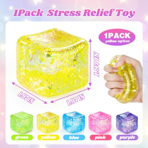 Image of Squishy Cube Ice Cube Squishy Stress Cube for Adults,Glitter Squishy Slow Rising Fidget Cube Sensory for Anxiety Stress Relief High Density Ice Squeeze Ball Cubes (Yellow)