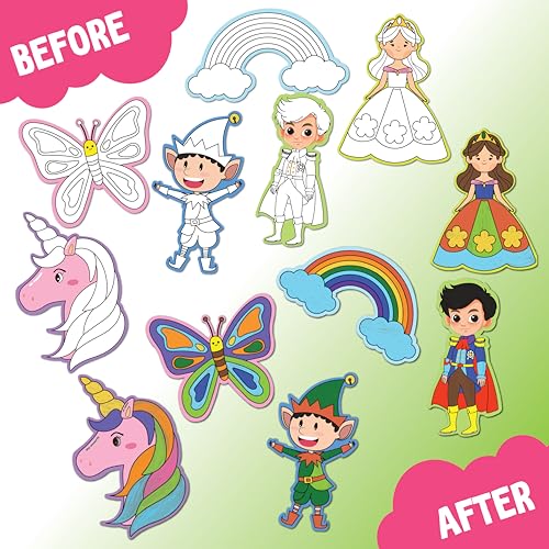 Image of SparkLPlay DIY Craft Kit for Kids Coloring Set with 6 Fridge Magnet Cutouts, 10 Color Pens. Mess Free. Gift for Kids. (Unicorn Princess)