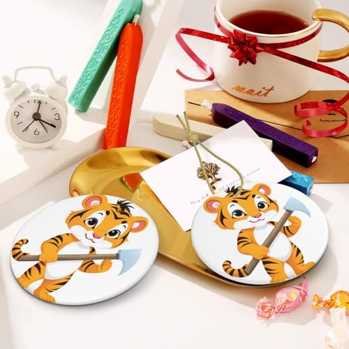 WHJDPP Tiger cub with an Axe Printed Christmas Tree Ceramic Round Pendant - 2.9 in Holiday Decorations - Image 5