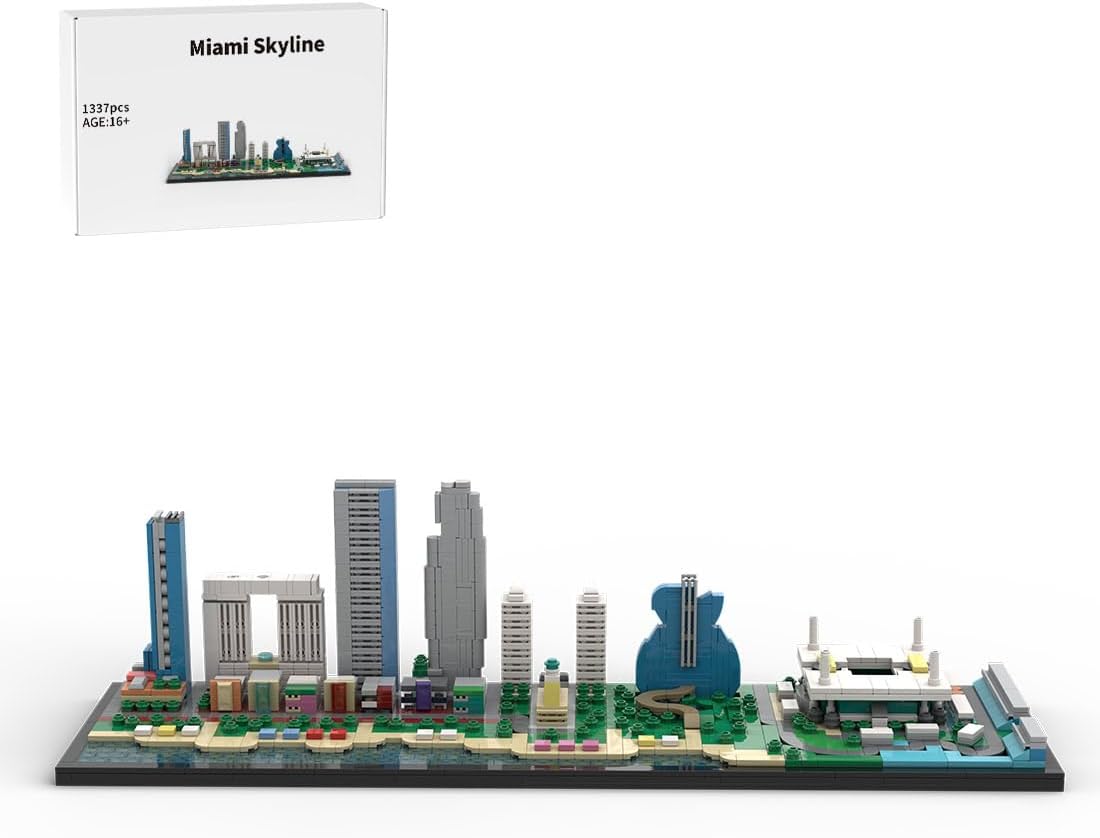 Miami Skyline Architecture Set, 1/2000 Scale Premium Building Blocks, Detailed Ocean Drive & Freedom Tower Replica, Collectors Display Model for Adult Architecture Enthusiasts (1337PCS)