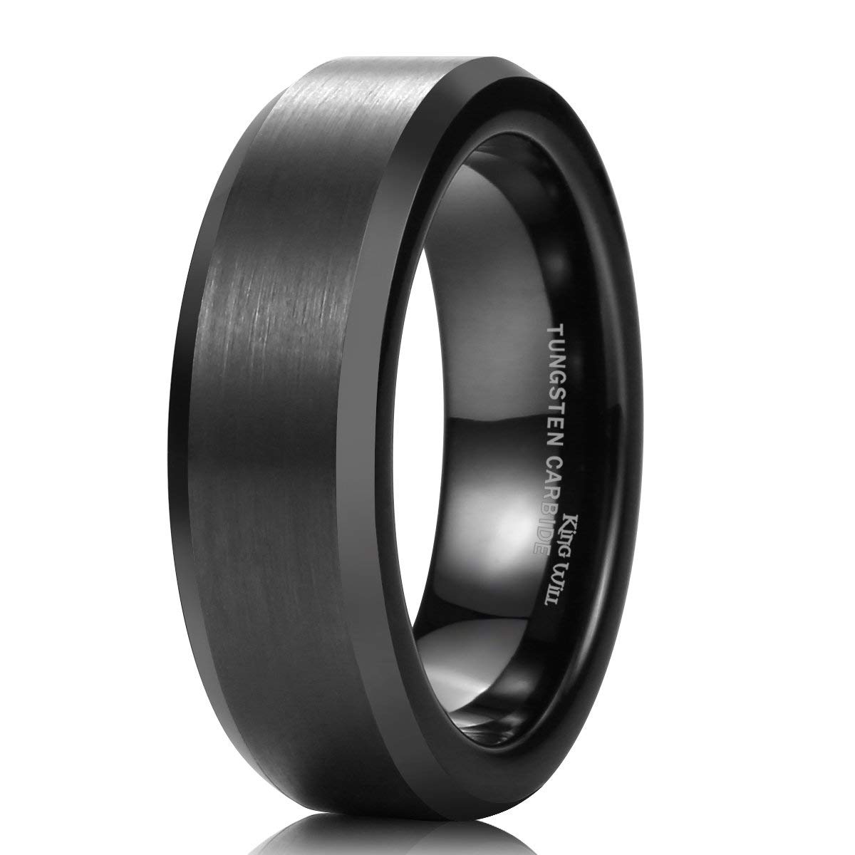 Tungsten Men's Wedding Ring - Available in 6mm to 10mm, Black/Silver, Matte Finish, Beveled Polished Edge, Comfort Fit