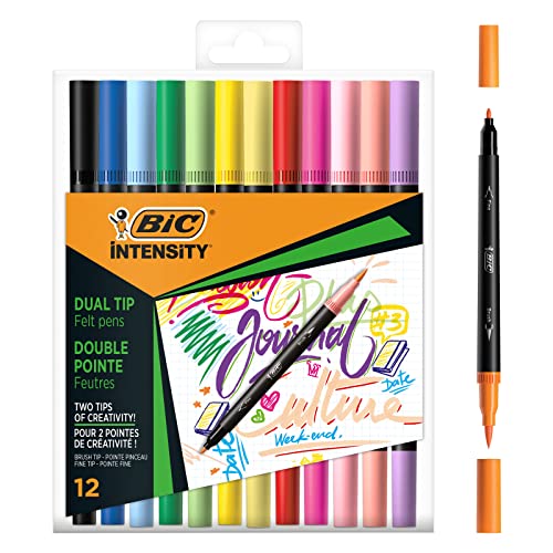 Bic - 12 Rotuladores De Lettering Colores Pastel Y Classic, De Doble Punta Fina Y Pincel Intensity En Oferta Bic Intensity Dual Tip Rotuladores De Colores Clásicos Y Pastel Con Punta Fina (0,7 Mm) Y Punta De Pincel Flexible - Colores Surtidos, Caja De 12