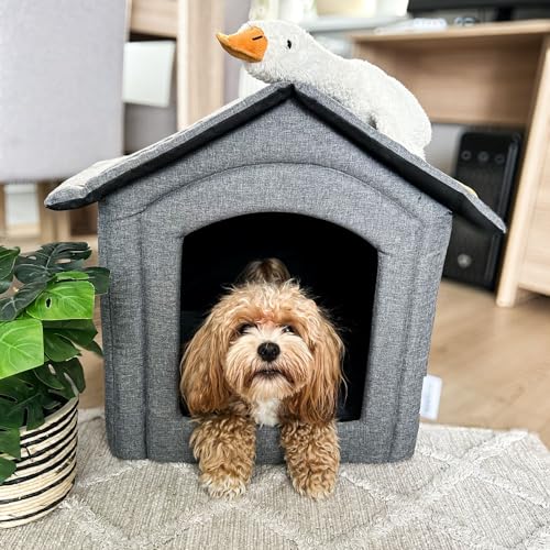 Petsona Hundehöhle Hundehütte Faltbare Mit Herausnehmbarem Dach Hundehaus Hundebett Katzenbett Haustierbett Schlafplatz Größe L, Grau