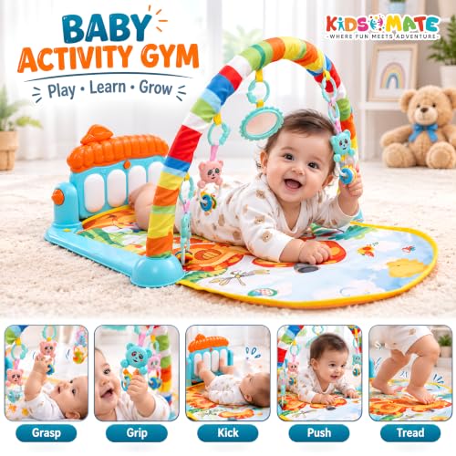 Image of Kidsmate Little Explorer Play Gym Mat for Babies 0 to 12 Months, Kick and Play Piano Baby Gym, 4 Hanging Rattles & Mirror, Tummy Time Activity Play Mat, Newborn Toys Gift for Baby Boys and Girls