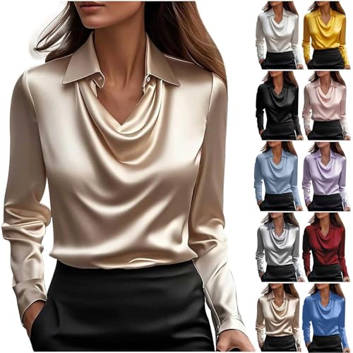 KODMNSW Satin Bluse Damen Blusen Elegante Oberteile Langarm Shirts Festliche Blusen Elegant Seidig Shirt Hemdbluse Arbeitshemd Seiden Business Blusenshirt Lässiges Langarmshirt Gold XXL